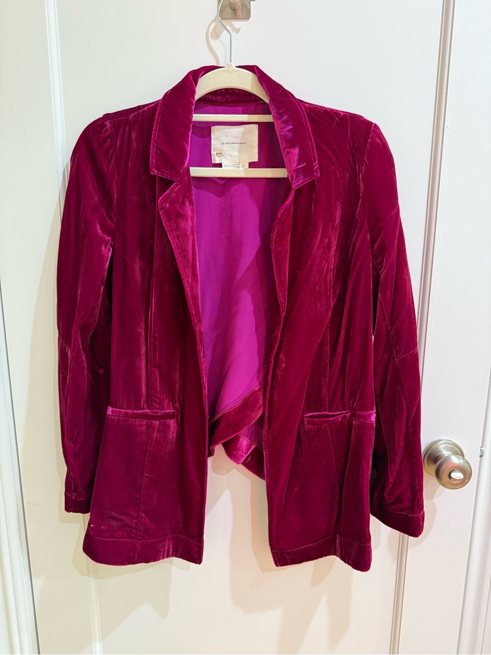 Anthropologie Velvet Open-Front Blazer in Fuchsia Magenta